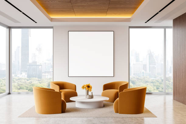 istock Cozy office interior with soft place and coffee table, window. Mockup frame 2185433157