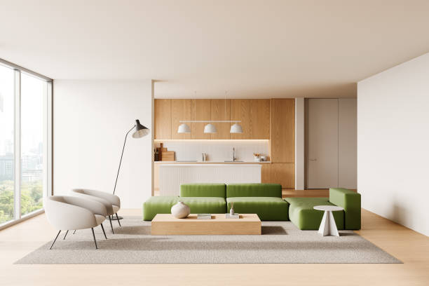istock Modern Living Room with Green Couch and Kitchen Background. 3D Rendering 2185433303