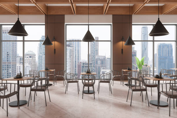 istock Modern restaurant interior with large windows and city view. 3D Rendering 2185433496