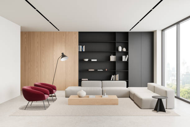 istock Modern home living room interior with sofa and armchairs, panoramic window 2185433910