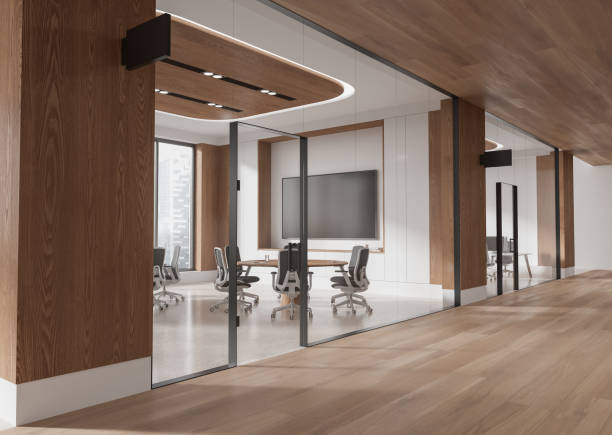 istock Glass meeting room interior with board and chairs, panoramic window 2185433958