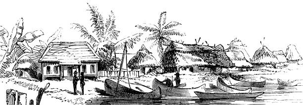 A village on the Cabo Gracias a Dios peninsula of the Mosquito Coast. Vintage etching circa 19th century. This part of the Mosquito Coast is now modern day Honduras.