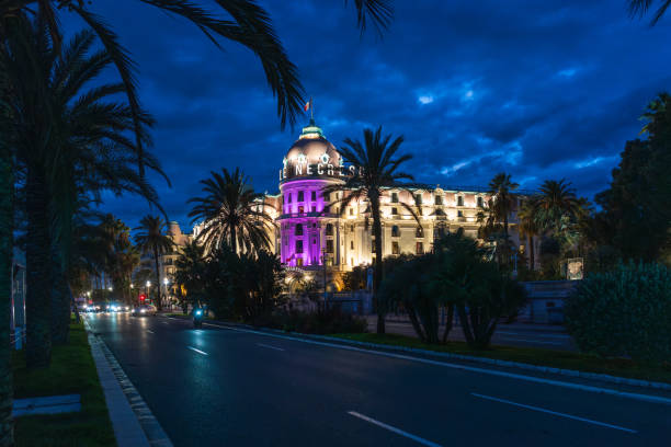 Nice, France - October 21, 2024: Cityscape with the hotel Negresco. Negresco is the famous luxury hotel on Promenade des Anglais in Nice, baie des Anges, symbol of the Cote d'Azur or French Riviera