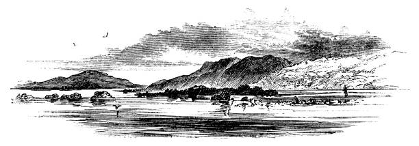 Guanaja Island on the Mosquito Coast. Vintage etching circa 19th century. This part of the Mosquito Coast is now modern day Honduras.