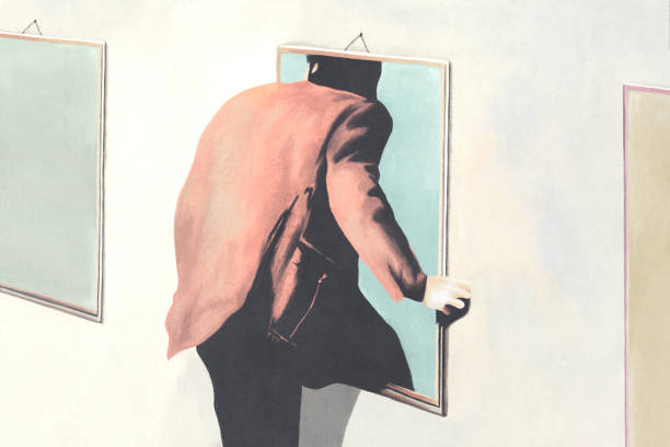 istock illustration of man entering a surreal painting, optical illusion concept 2185438846