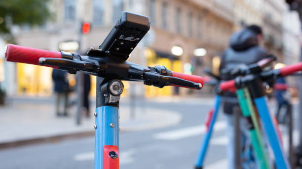 istock Electric scooters row parked sharing urban transportation 2185442373