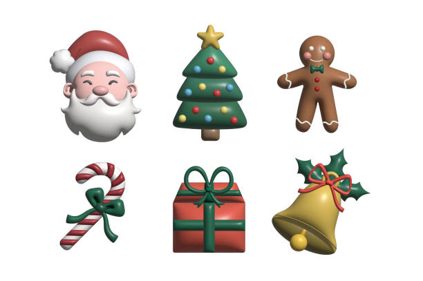 istock 3D Christmas elements: Santa Clause, Christmas tree, Gingerbread Man, Candy cane, Christmas present, Christmas bell 2185443008