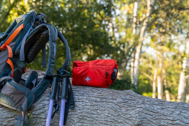 First aid kit on a log, outdoors