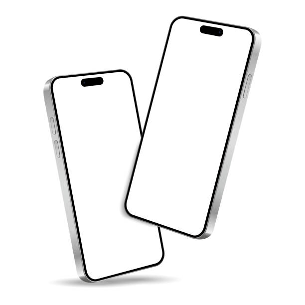 два парящих серебристых смартфона с пустым экраном - два объекта stock illustrations