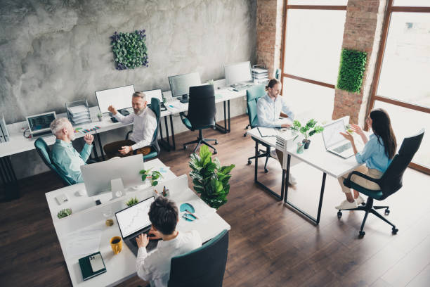 istock Full length photo of teamwork startup partners people sit tables working process comfortable creative startup office loft room interior 2185454837
