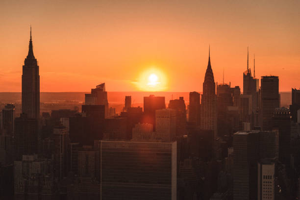 aerial view of manhattan at dusk