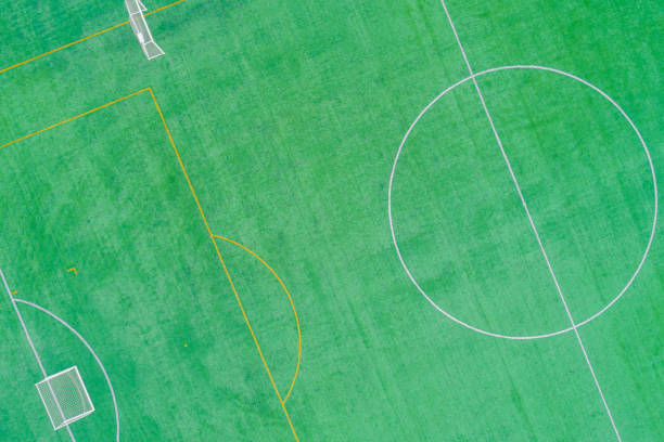 istock artificial grass soccer field after a training session, aerial top view with a drone 2185463042