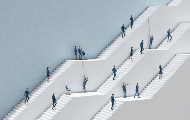 istock Business people walking up on massive white stairs. Abstract environment representing career, success in business, start up, professional perspectives. 3D rendering 2185463561