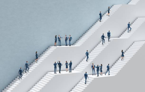 istock Business people walking up on massive white stairs. Abstract environment representing career, success in business, start up, professional perspectives. 3D rendering 2185463565