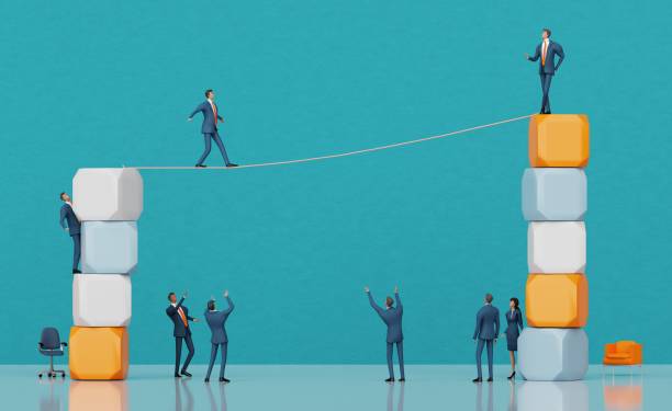 istock Businessman walks with rope between two points. Business concept, professional ladder, competitive life 3D rendering 2185463580