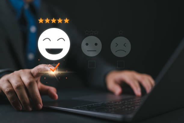 istock Customer experience concept. Businessman give excellent five-star ratings on online website. Service experience rating, Satisfaction feedback review, good quality most. 2185465498