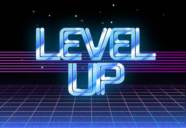 illustrations, cliparts, dessins animés et icônes de modèles de conception de bannières web level up dans le style rétro synthwave des années 80 avec des dégradés de couleurs - console de jeu