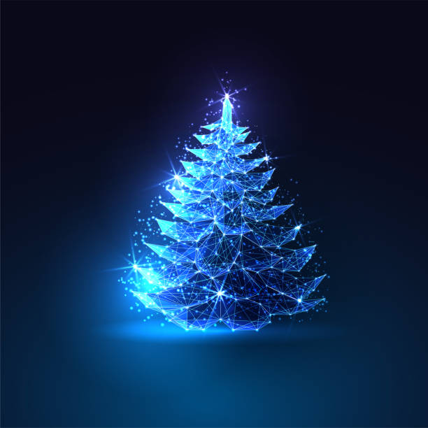 istock Futuristic glowing Christmas tree made of digital polygonal lines on dark blue background. 2185466855