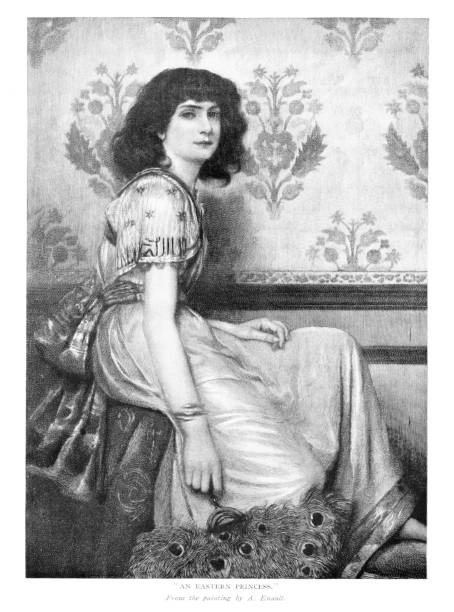 Middle Eastern Princess A princess from the Middle East by artist A Enault. Engraving published 1898. This edition is in my private collection. Copyright is in public domain. Digitally restored. peacock feather fan stock illustrations