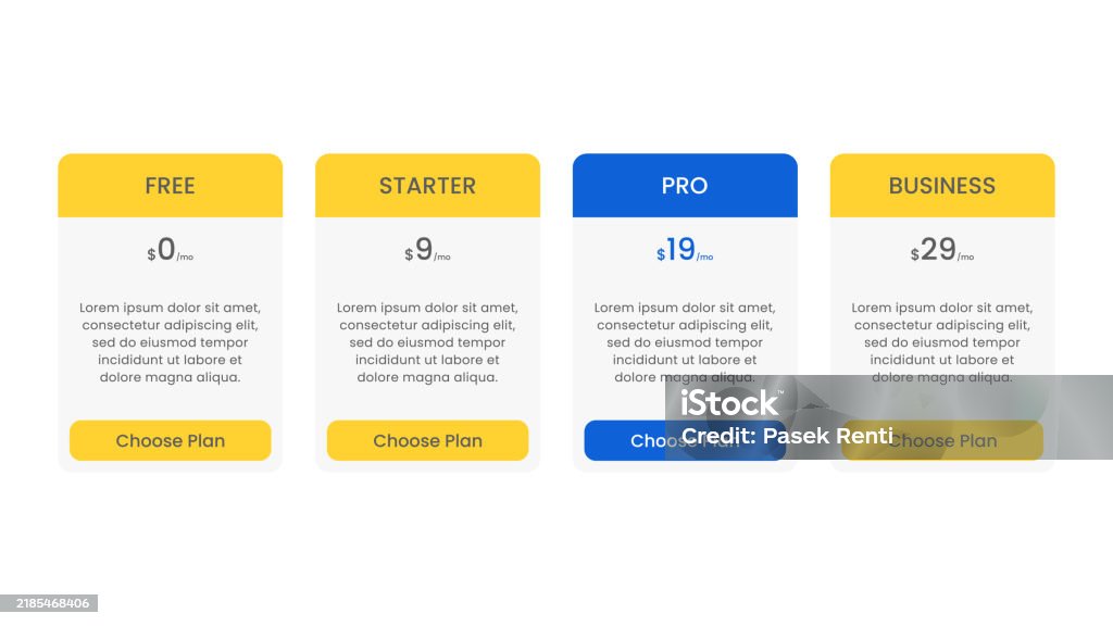Subscription Package Include Four Rectangular Subscription Plans Pricing Table Packages Template ...