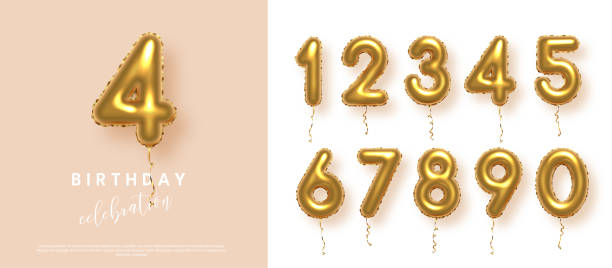 istock Birthday anniversary golden numbers set template with number 4. Celebration birthday vector background. Gold numbers in form of balloons on beige for party invitation, greeting card, poster, event 2185473871