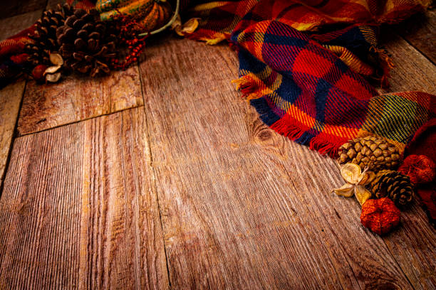A fashionable woman in a red beret and plaid scarf stands confidently on a wooden bridge, surrounded by vibrant autumn leaves in a park setting. The scene captures the essence of fall elegance.