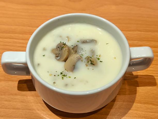 istock Cream of mushroom soup in white bowl 2185478608