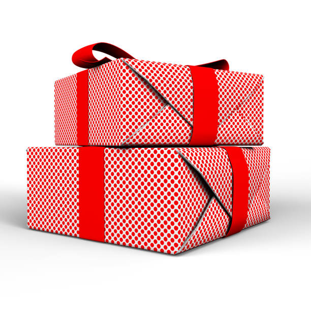 wrapped Christmas or other holiday handmade present in paper with purple ribbon on colored background. Present box, decoration of gift on colored table, top view with copy space.