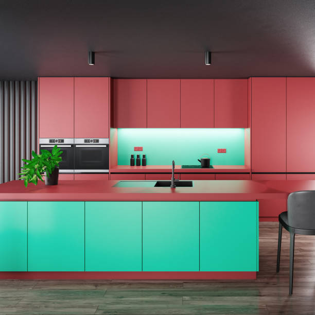 istock Modern Red Kitchen with Green Accents and LED Lighting 2185483662