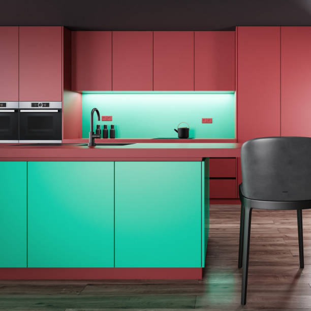 istock Modern Red Kitchen with Green Accents and LED Lighting 2185483666