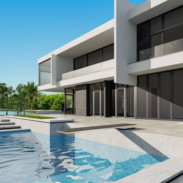istock Futuristic Modern Villa Backyard with Swimming Pool and Contemporary Design 2185485947
