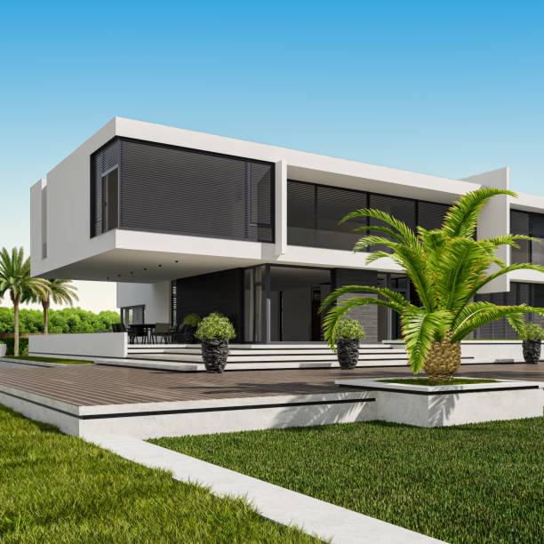 istock Futuristic Modern Villa with Large Front Yard and Contemporary Design 2185485955