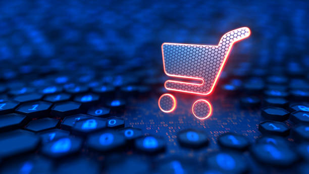 istock Shopping cart sign and binary code background. Promotion for digital sales and online shopping. 3d rendering 2185491093