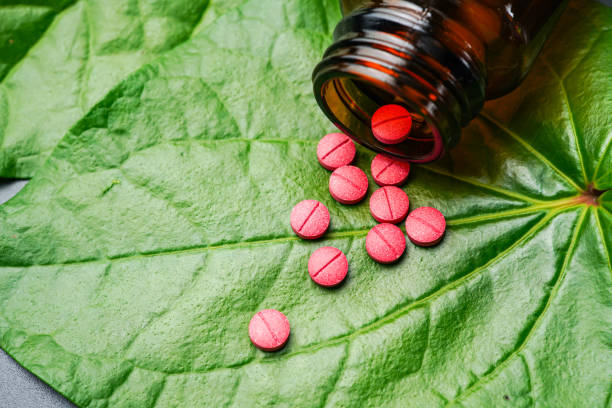 istock Red herbal capsule pill with herbs and natural green betel leaf background 2185492954