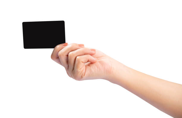 istock Female hand hold black card isolated on white background, clipping path. 2185493816