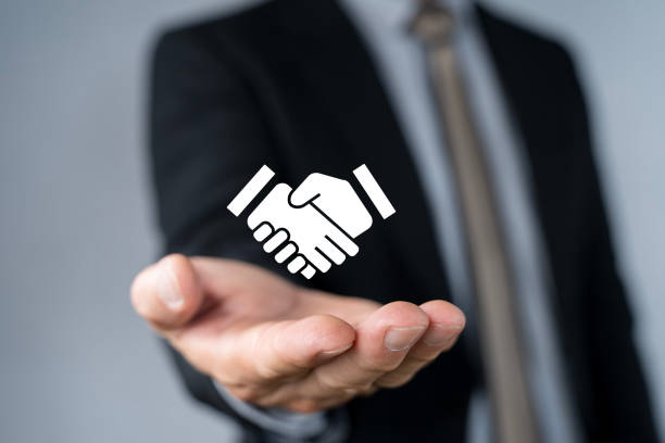 Sponsorship concept. Business between fund sponsors Resources or services. Businessman showing sponsor icon on virtual screen.