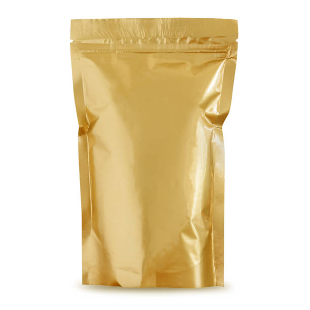 istock Gold Foil plastic paper bag isolated on white. Packaging template mockup 2185499042