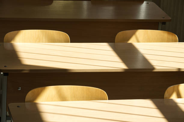 Rows of university classroom seating