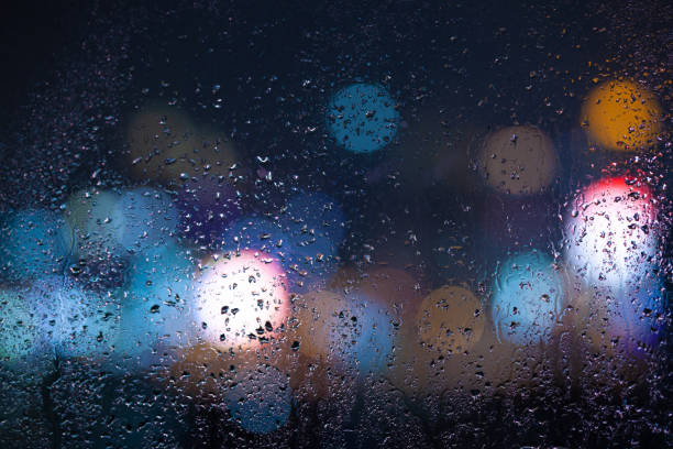 Abstract water drop on window, bokeh at night