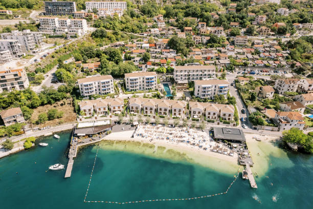 istock Luxury hotel complex Huma Kotor Bay with a beach on the seashore. Dobrota, Montenegro. Drone 2185501709