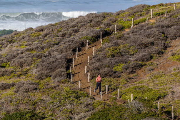 Stock photo of an Asian American trail runner in foothills near the California coast.