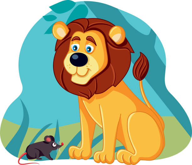 Lion and Mouse Fable Vector Cartoon Illustration Design Famous literature story of kindness and power dynamics weak cat stock illustrations