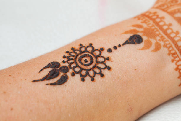 An overhead shot showcasing the detailed henna design on the cropped hands of a bride. The rich, intricate patterns of the henna are highlighted against a backdrop of beetle nut leaves and floral designs, emphasising the traditional and elegant aspects of the bridal adornment.