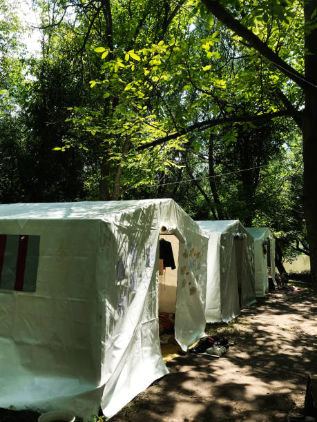 istock Outdoor camping tents in a lush green forest setting 2185511143
