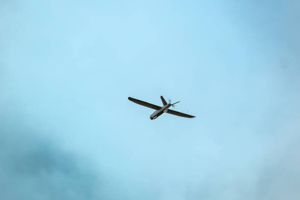 A drone flies against a bright blue sky with scattered clouds, surrounded by blurred green leaves in the foreground. aerial reconnaissance work A drone flies against a bright blue sky with scattered clouds, surrounded by blurred green leaves in the foreground. aerial reconnaissance work. unmanned aerial vehicle stock pictures, royalty-free photos & images