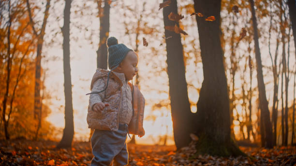 istock Caucasian Toddler Boy Explores Autumnal Forest at Sunset 2185513797