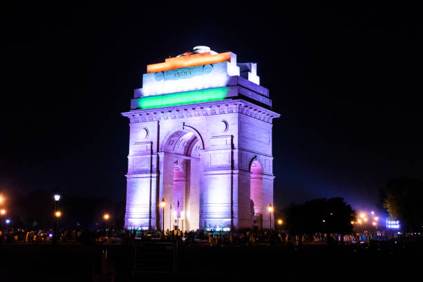 istock Night view of India gate with Indian flag lighted on it. 2185515068