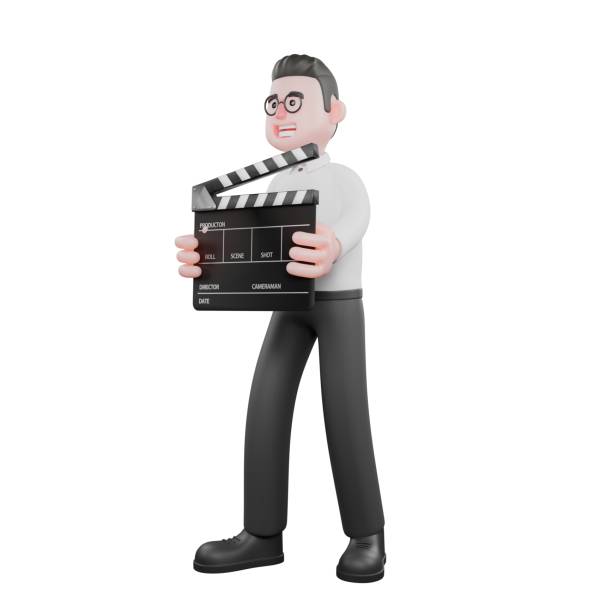 istock Creative 3D Model. A male producer stands with his face facing right while the other hand is holding a clap cut board. Animation. 2185515126