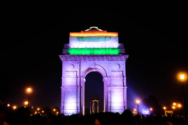 istock Night view of India gate with Indian flag lighted on it. 2185515286