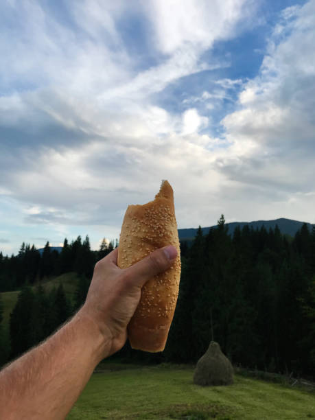 istock Hand holding sesame bread with scenic mountain landscape 2185517404
